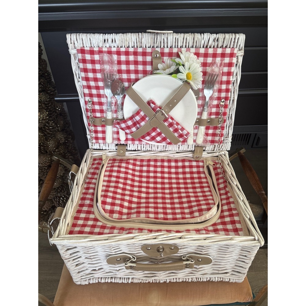 Vintage White Wicker Picnic Basket Set Insulated Cooler Red Gingham Lining